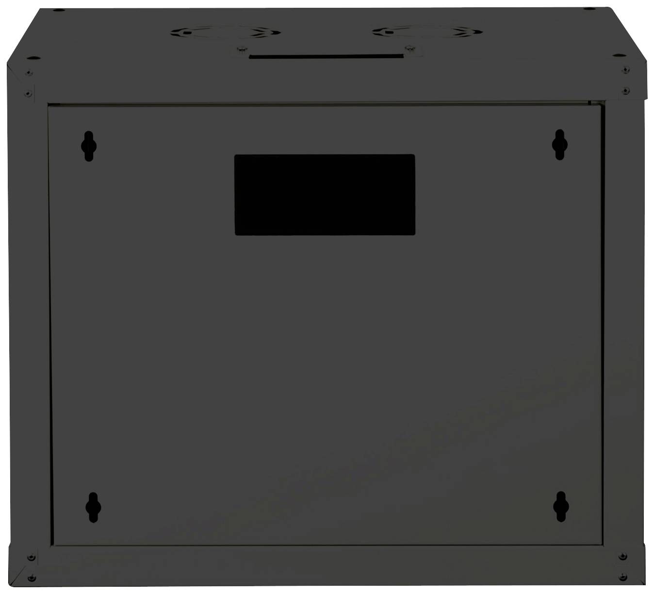 A black rectangular enclosure with a removable front panel and multiple mounting points at the corners.