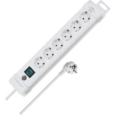 White six-outlet power strip with on/off switch and angled European plug, shown with attached power cord on a white background
