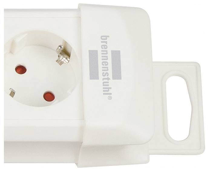 Close-up of a white Brennenstuhl plug adapter with two round European sockets and a side grip handle.