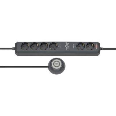 Surge protector power strip with multiple outlets and a round inline switch on a cord.