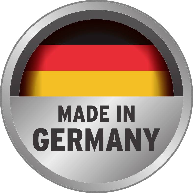 Circular emblem with the inscription 'Made in Germany' set against a stylised German flag.