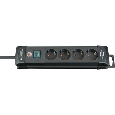 Black power strip with four outlets and illuminated blue power switch, shown on a white background.