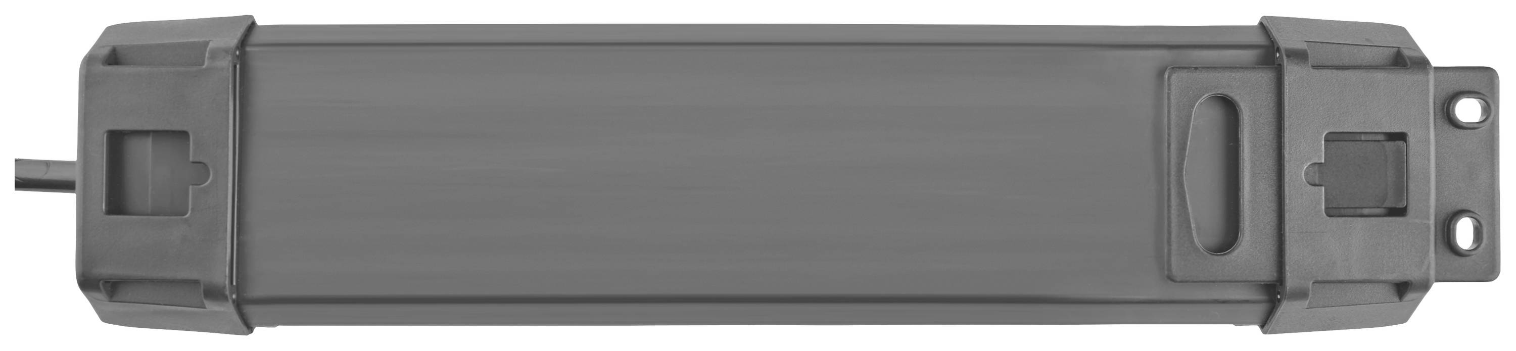 A rectangular, grey, elongated enclosure with rounded corners and a cable on the left side.