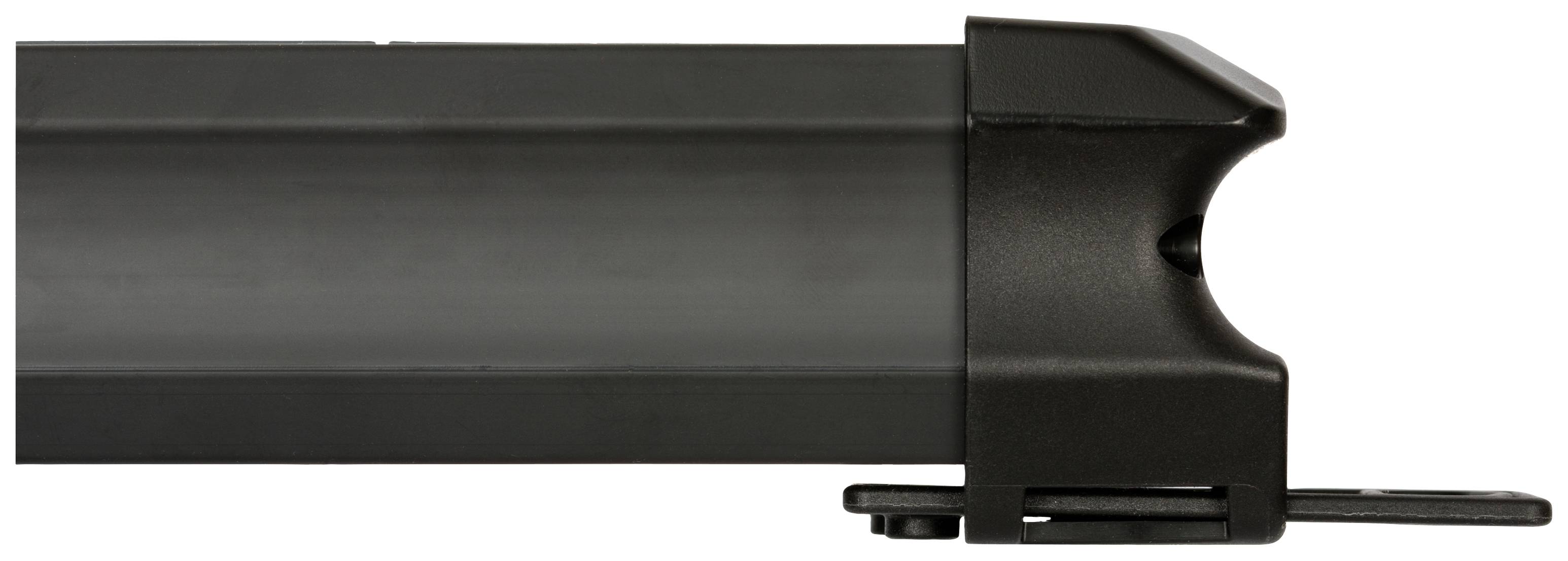 Side close-up of a black aluminium roof rail with an aerodynamic design, mounted on a vehicle roof rack.