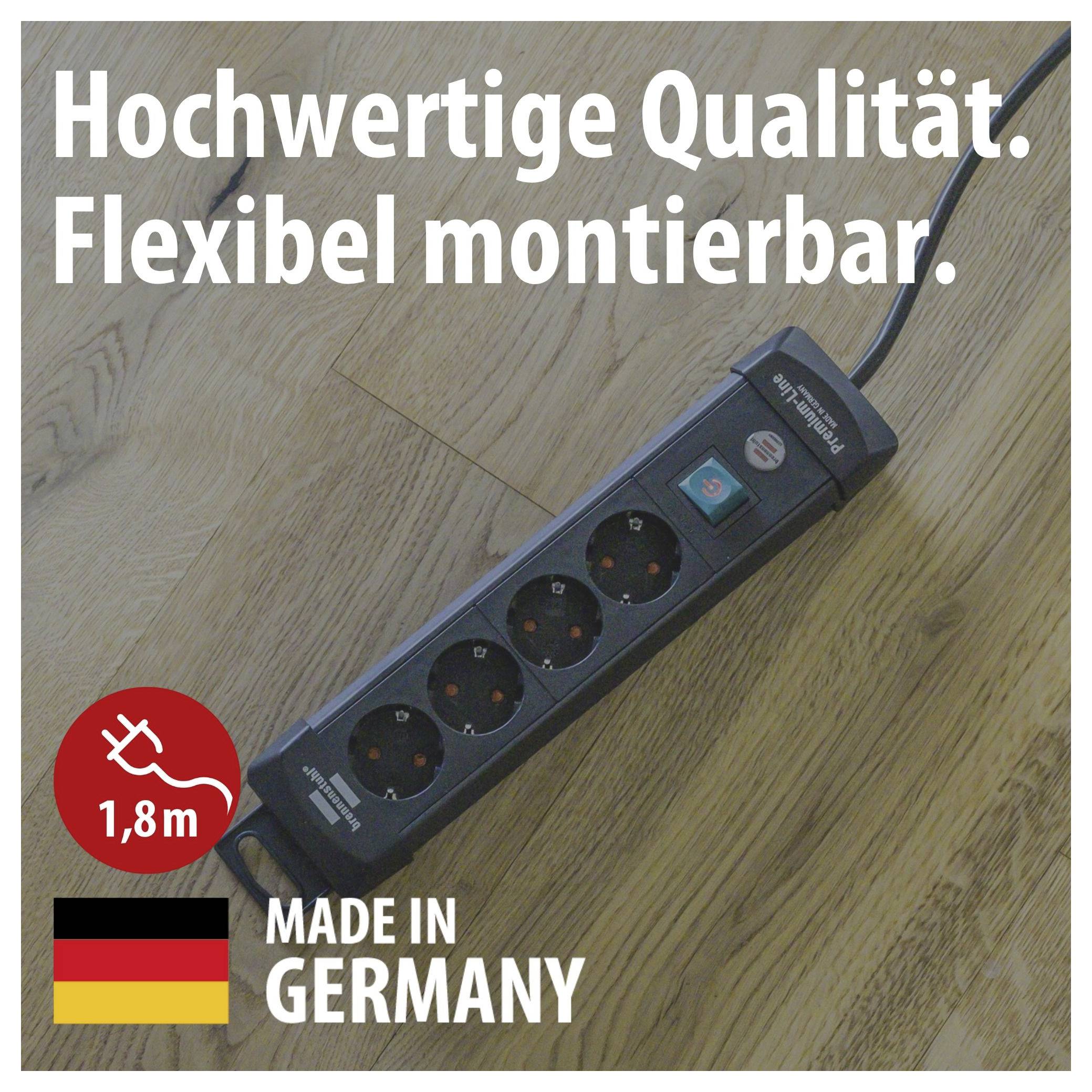 Multiple socket on wooden floor with text 'High-quality. Flexibly mountable.', 1.8 m cable and 'Made in Germany' notice.