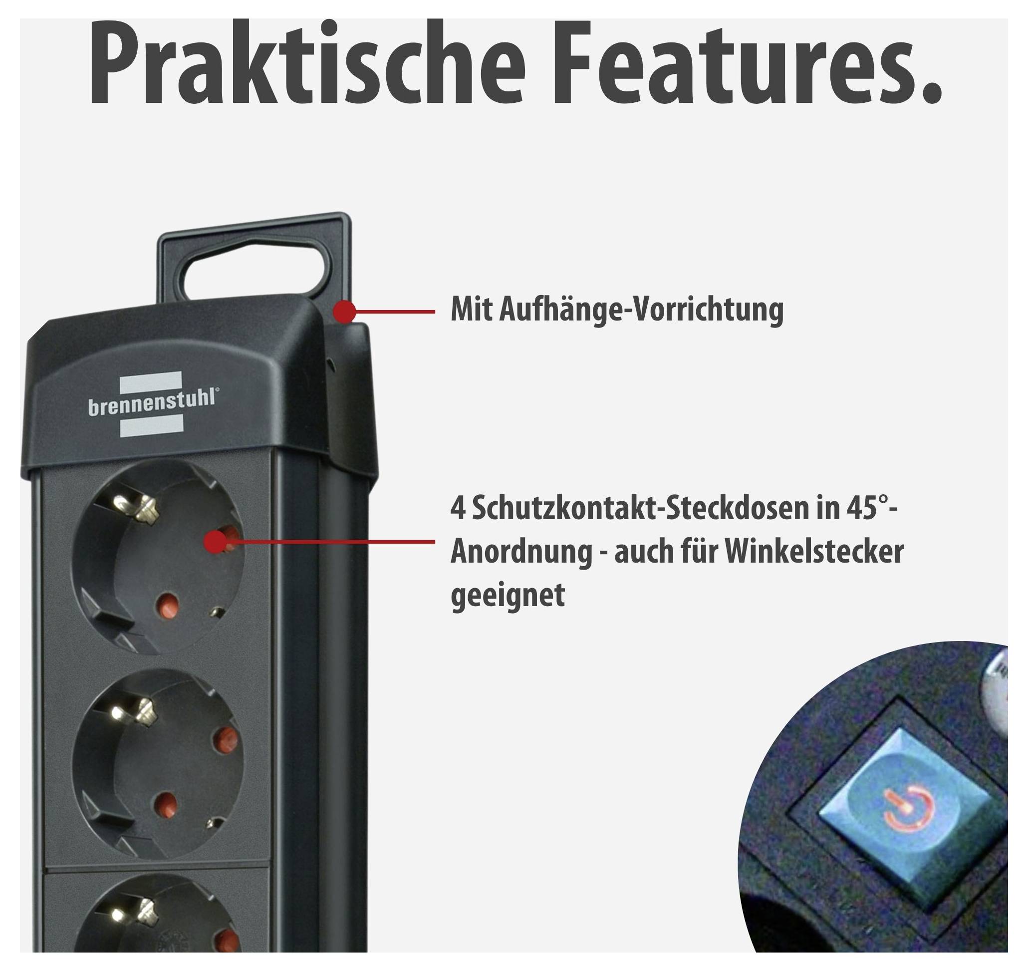 Power strip with carrying handle and wall-mounting device, 4 safety sockets arranged at 45° angle; detail shows illuminated on/off switch.