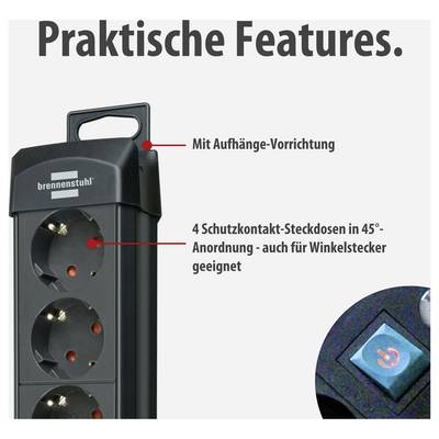Power strip with carrying handle and wall-mounting device, 4 safety sockets arranged at 45° angle; detail shows illuminated on/off switch.