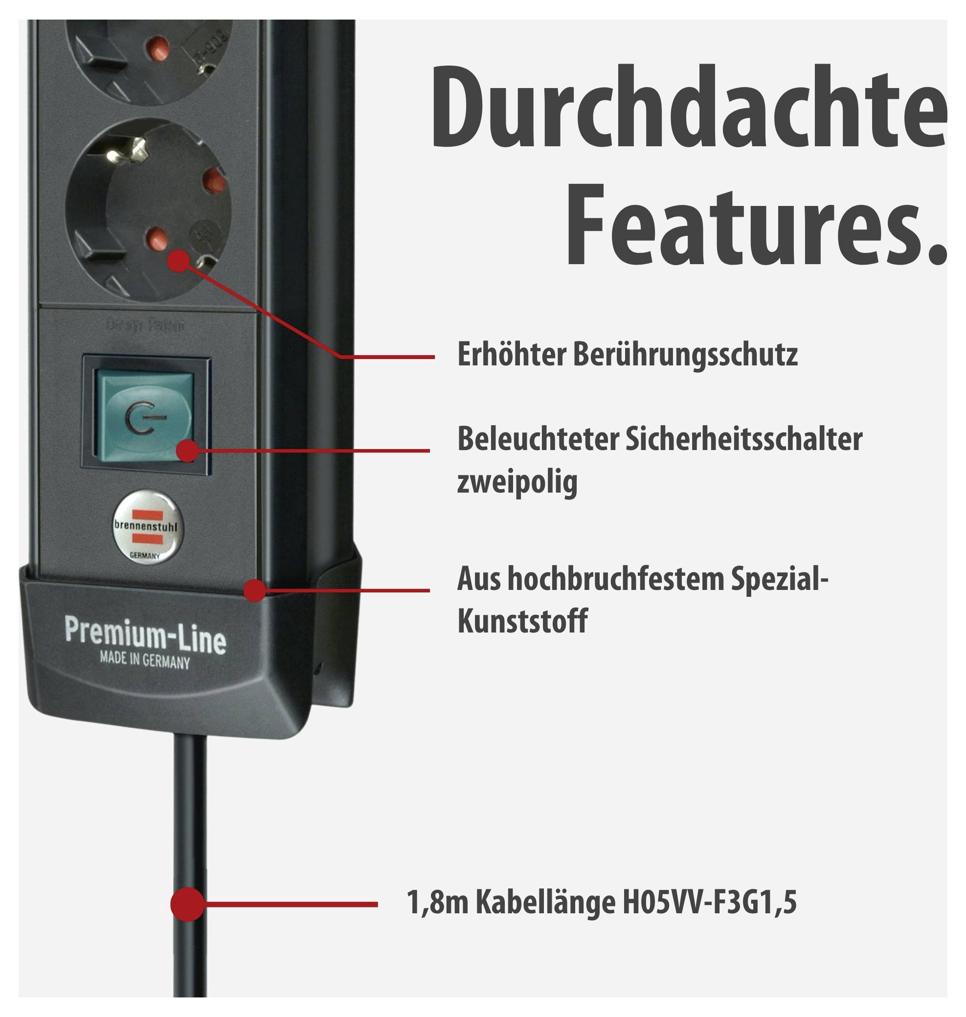 Product image of a power strip with the notes 'Enhanced touch protection', 'Illuminated dual-pole safety switch', 'Made from highly impact-resistant special plastic' and '1.8m cable length H05W-F3G1.5'.