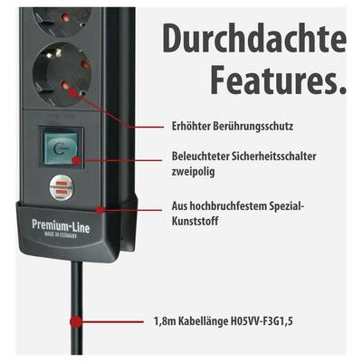 Product image of a power strip with the notes 'Enhanced touch protection', 'Illuminated dual-pole safety switch', 'Made from highly impact-resistant special plastic' and '1.8m cable length H05W-F3G1.5'.