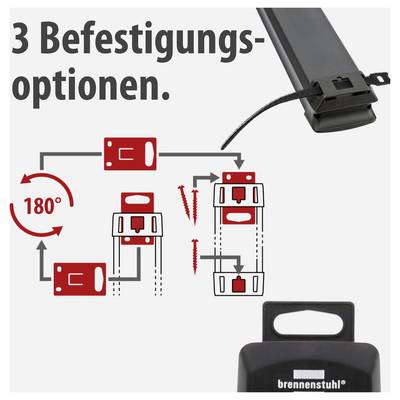 Graphic titled '3 Mounting Options' shows three assembly methods for a Brennenstuhl device, including 180° rotation and mounting on a bracket.