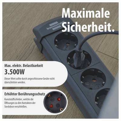 Advertising graphic of a multi-socket power strip with the slogan 'Maximum Safety.' and information: maximum electrical load capacity 3,500W, enhanced contact protection through plastic shutters.