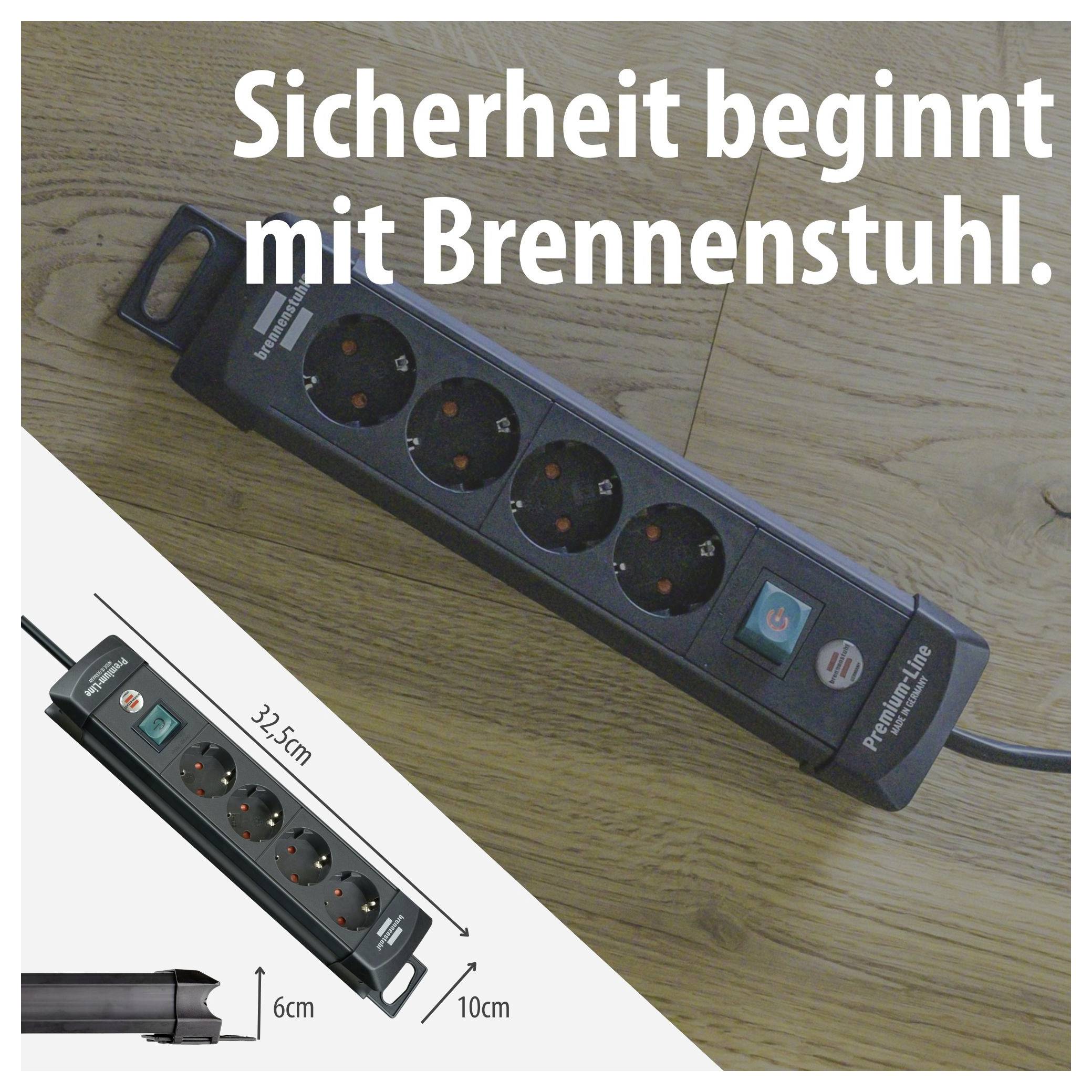 Power strip by Brennenstuhl on a wooden floor; text: 'Safety begins with Brennenstuhl.'; dimensions below 32.5 cm, 6 cm and 10 cm.