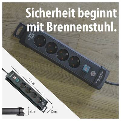Power strip by Brennenstuhl on a wooden floor; text: 'Safety begins with Brennenstuhl.'; dimensions below 32.5 cm, 6 cm and 10 cm.
