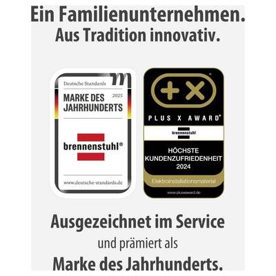 Advertising poster for Brennenstuhl featuring the awards 'Brand of the Century 2025' and 'Plus X Award 2024' as well as the slogan 'Excellence in Service'.