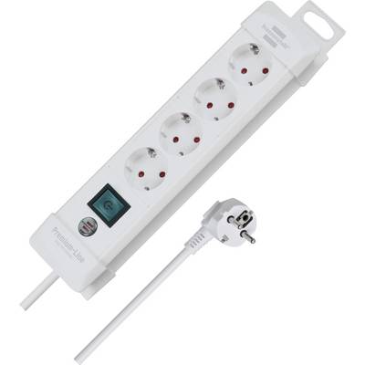 White four-outlet power strip with on/off switch and European plug, shown on a white background.