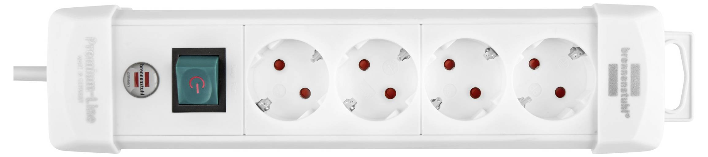 White power strip with four European sockets, a red on/off switch, and a power indicator light.