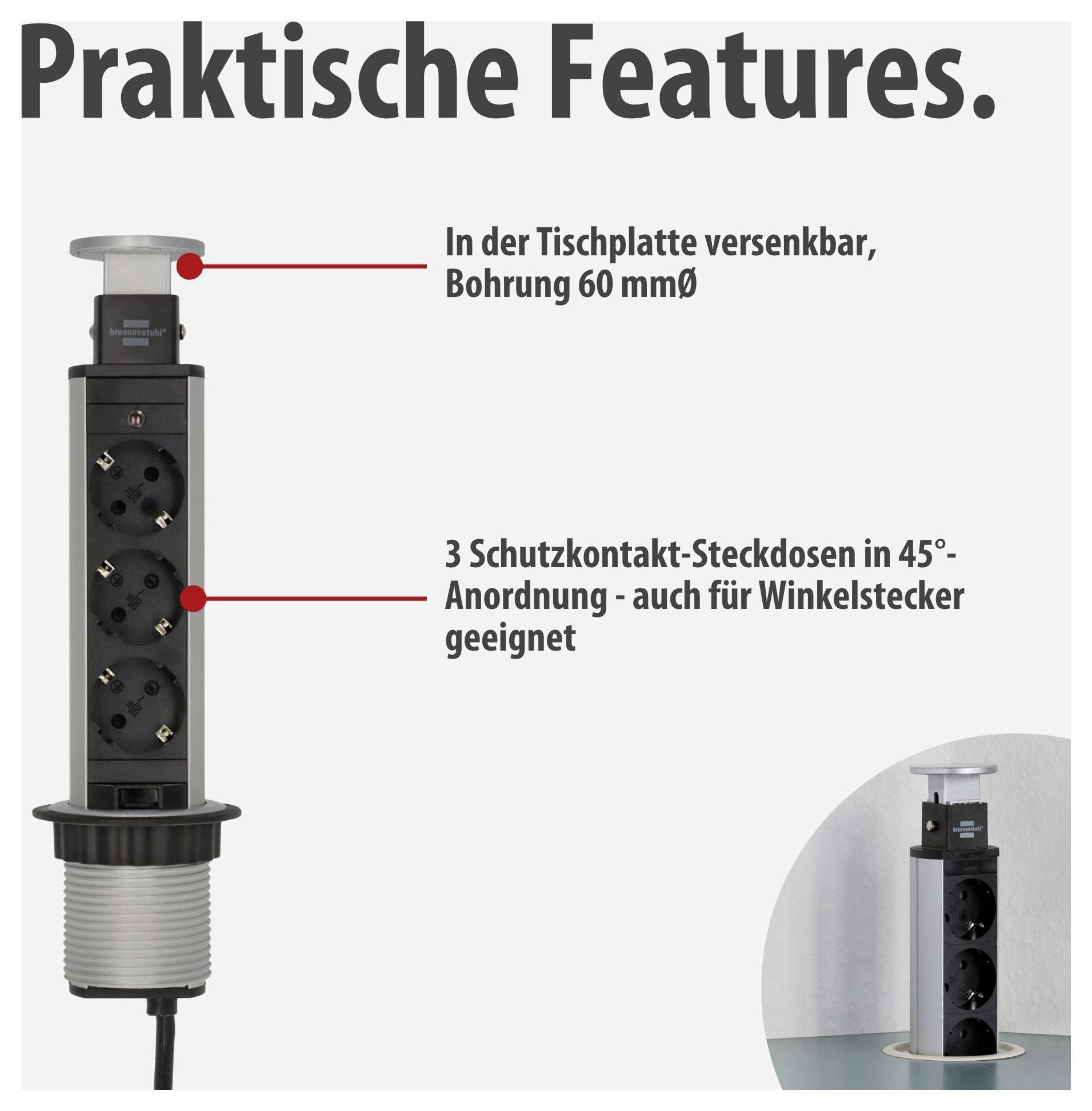 Sunken table socket outlet with 3 earthed socket outlets; 60 mm bore hole, 45° arrangement, also suitable for angled plugs.