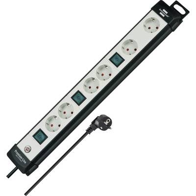 Black power strip with six outlets and two illuminated switches, shown with a plug attached on a white background.