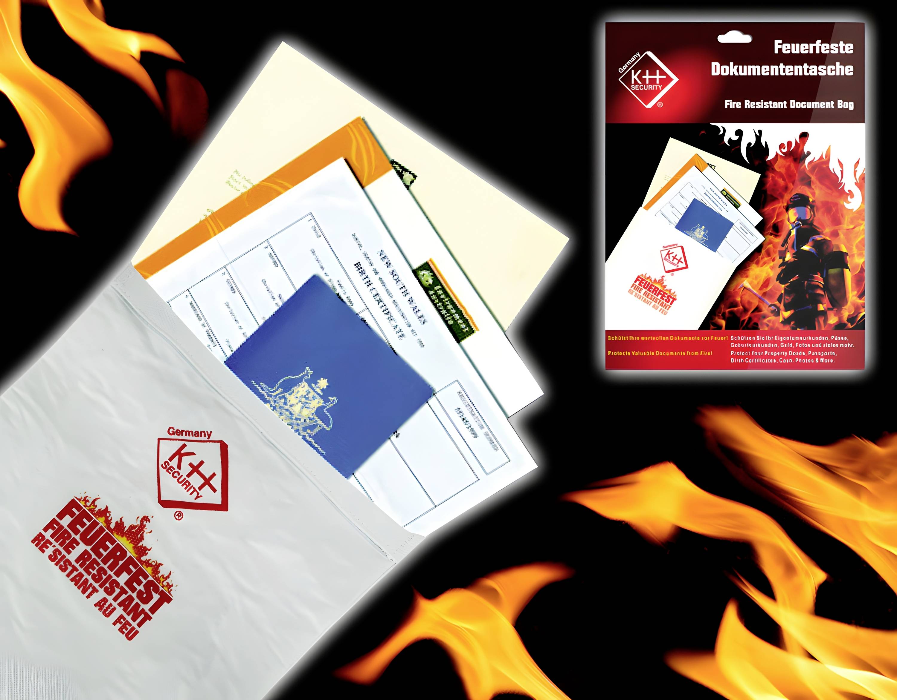 Fire-resistant document pouch containing various documents and a passport. Packaging demonstrates product usage and fire protection.