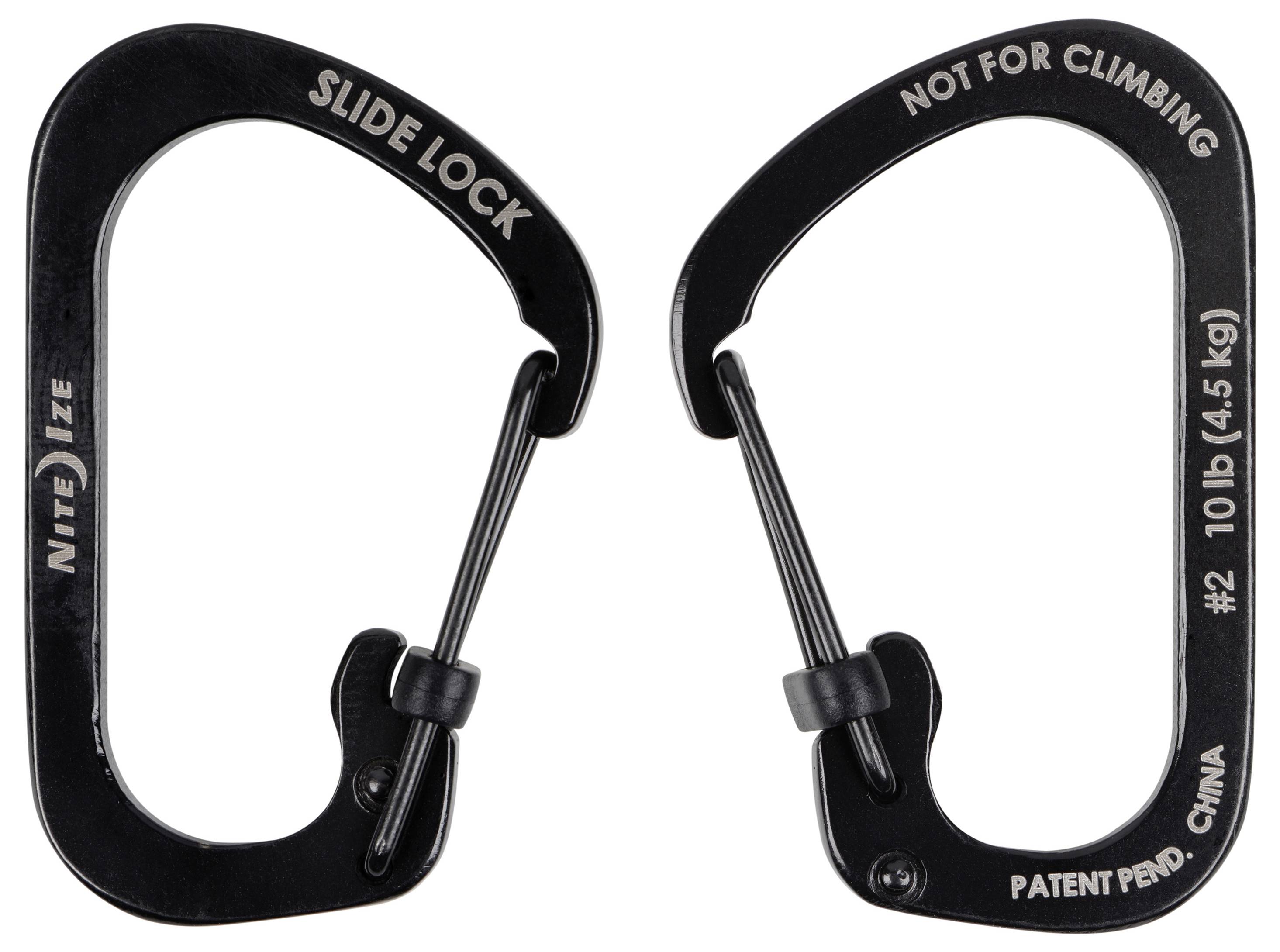 Two black carabiners with text 'SLIDE LOCK', 'NOT FOR CLIMBING', and weight limit '10 lb (4.5 kg)'. Used for non-climbing purposes.