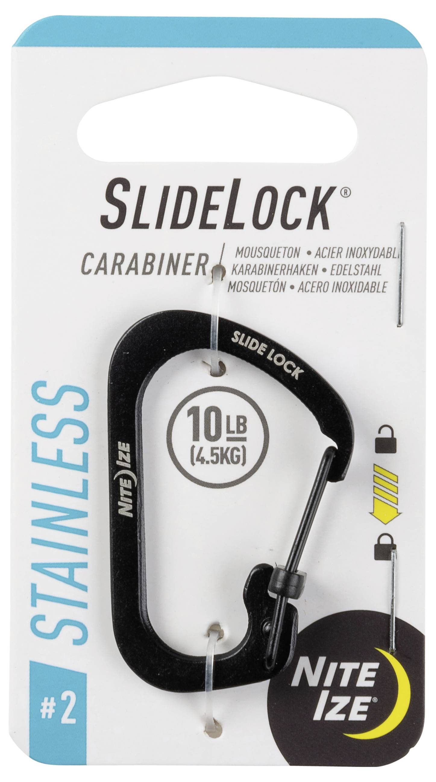 'Nite Ize SlideLock Carabiner #2' packaging showing a stainless steel carabiner with a slide lock. Weight capacity: 10 lb (4.5 kg).