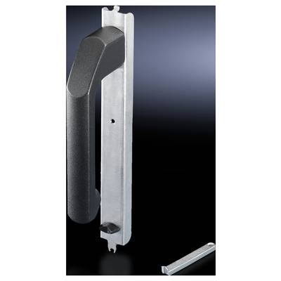 A black plastic door handle mounted on a silver metal plate, against a dark background.
