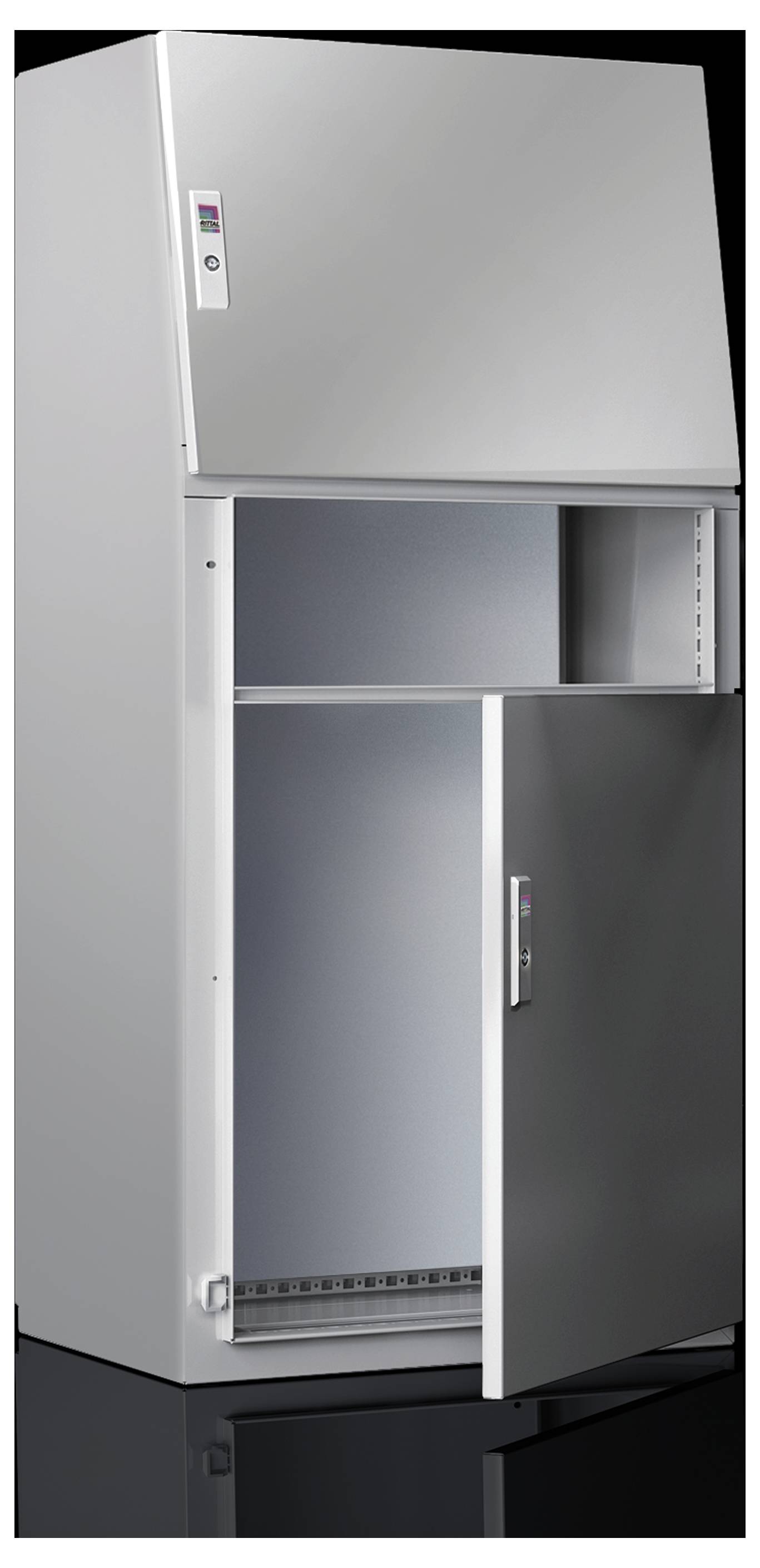 'Image of a silver fridge with an open door, two shelves visible.'
