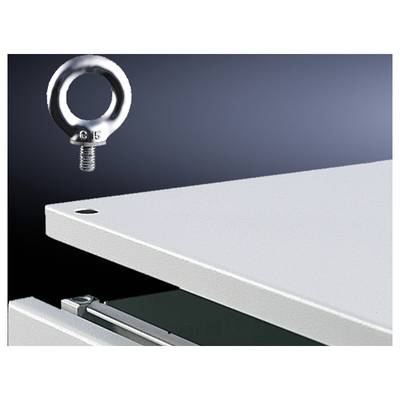 A rectangular metal plate with a hole in the corner, with a threaded metal eyelet above it, against a dark background.
