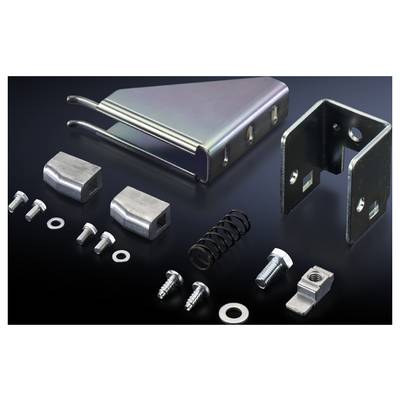 Various metal parts and screws are lying on a black surface. Parts include angles, bolts, springs and washers.
