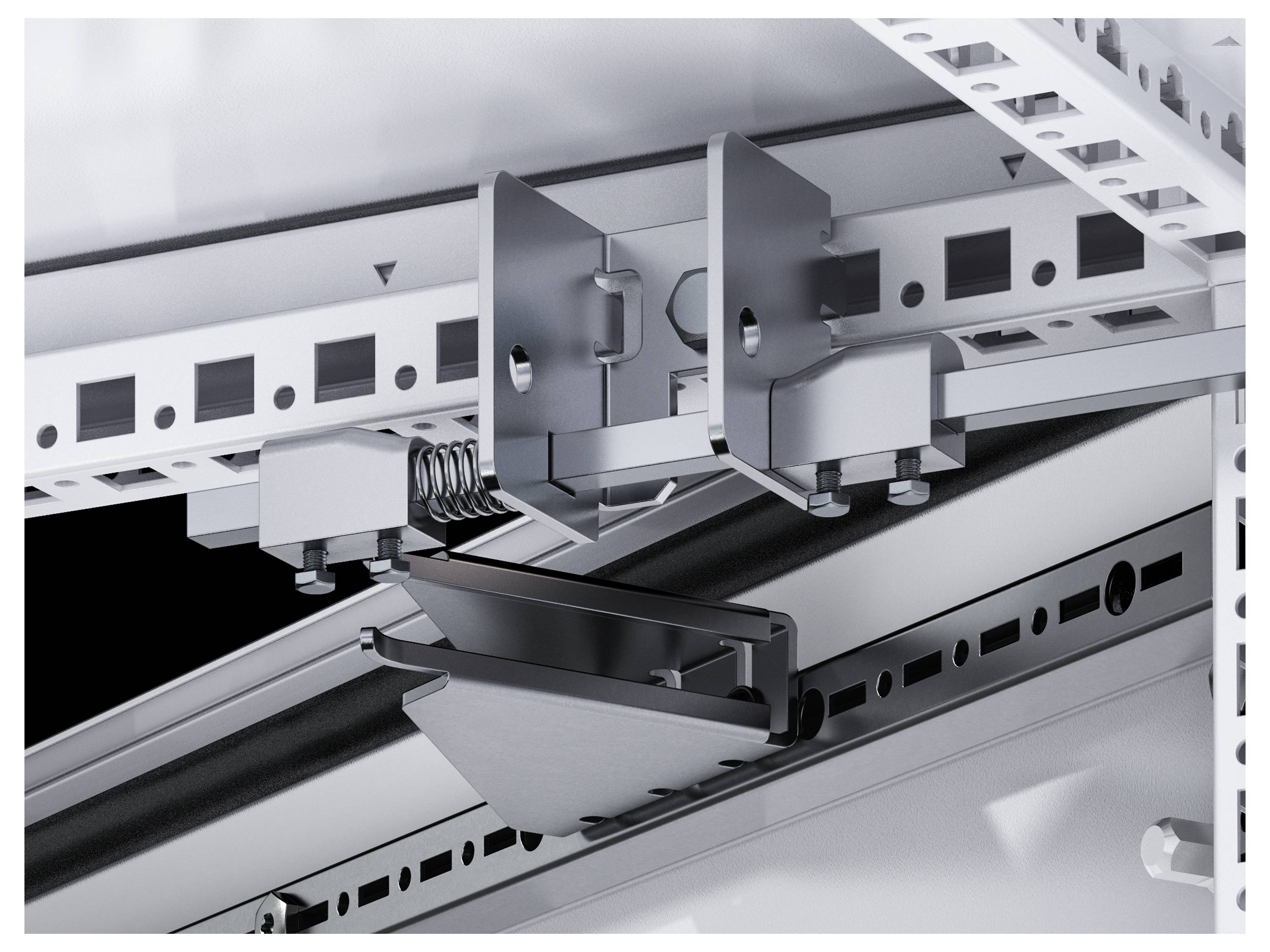 Metallic spring-supported system for ceiling mounting, showing individual components and fixing method on structural rail.