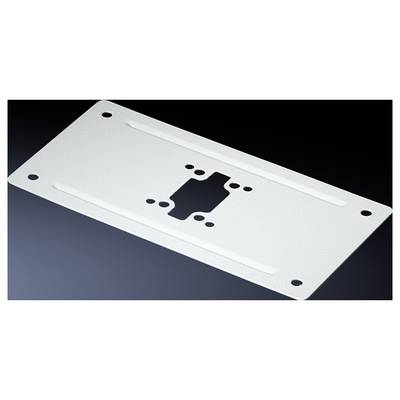 Metal plate with a central rectangular cut-out and four mounting holes at the corners. Used for structural fixings.