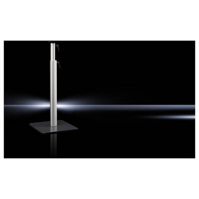 Metallic stand on a black background, illuminated by a horizontal light strip.