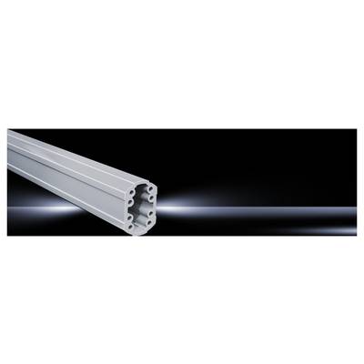 A silver metal profile with multiple holes, lying horizontally on a black background. Illuminated edges emphasise the shape.