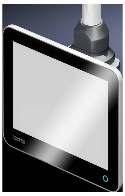 A black, square touchscreen monitor with a silver bezel, mounted on a white, cylindrical arm.