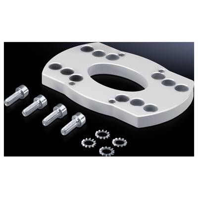 Metal plate with several holes beside four screws and four washers on a black background. Engineering components.