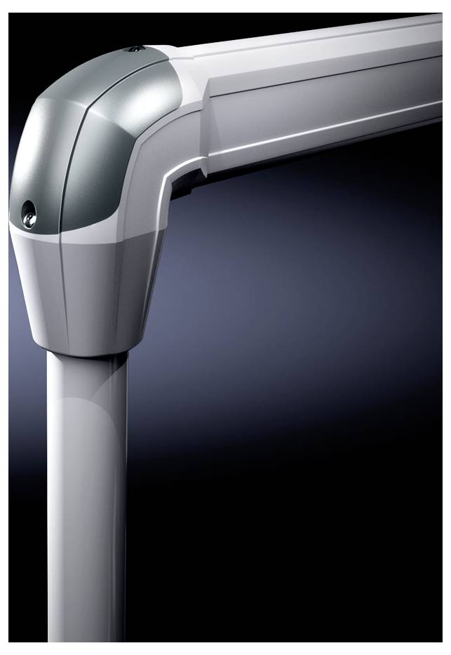 Close-up of a modern, silver corner of a metal frame or structure against a dark background.