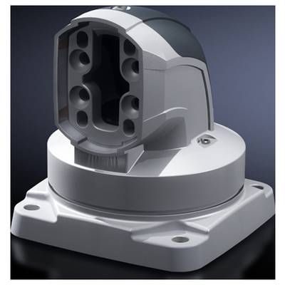 A grey, industrial connector with rounded edges on a square base, illuminated against a dark background.