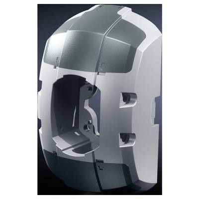 Grey, futuristic machine part with symmetrical recesses and a smooth surface, potentially part of a larger device.