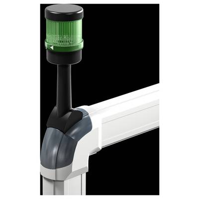 A green signal light on a black and white frame structure, possibly indicating the operational status of a device.
