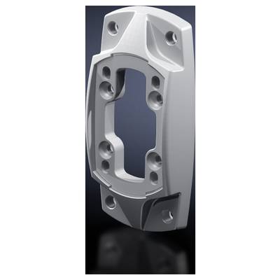 Metal plate with several screw holes, symmetrical design, reflective surface, likely part of a mechanical device.