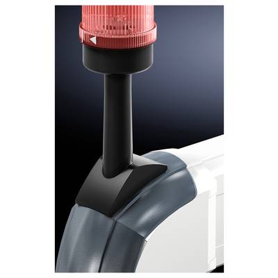 Red warning light mounted on a black base, installed on a machine. Signalling danger or attention required.