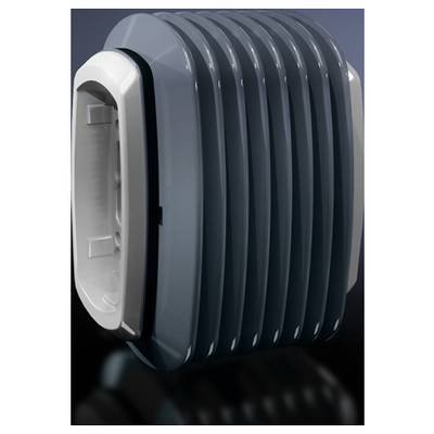 Grey, ribbed design object with a glossy surface and white details, against a black background.