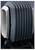 Grey, ribbed design object with a glossy surface and white details, against a black background.