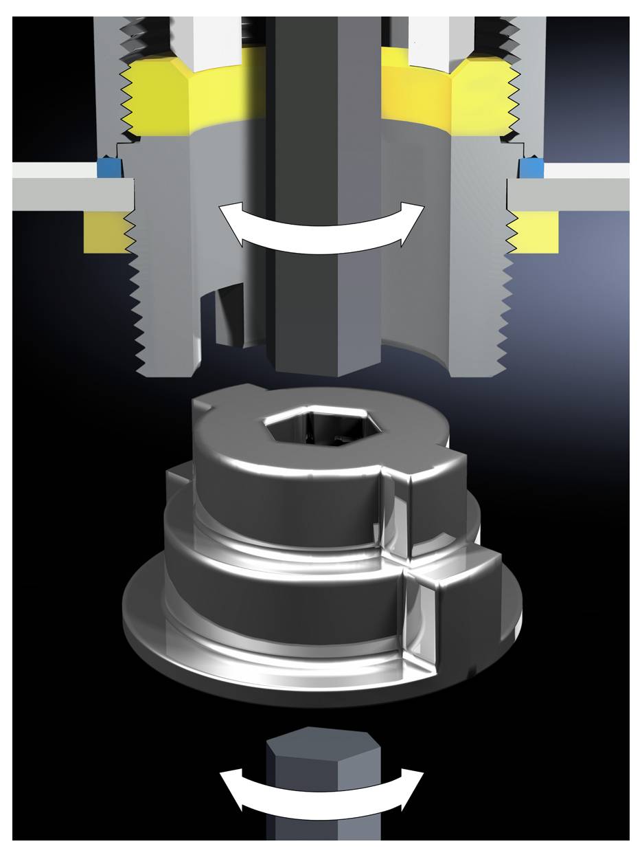 A schematic diagram shows a mechanical screw mechanism. Pivoting arrows illustrate the direction of rotation.
