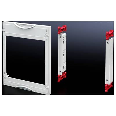 A three-part mounting frame set for electrical switches, comprising a white frame and red mounting brackets, set against a black background.