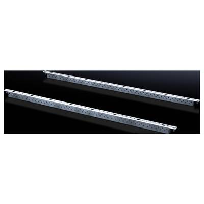 Two long, perforated metal rails, arranged parallel on a dark background, possibly part of a shelving system.