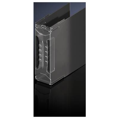 A transparent, rectangular plastic closure for a metallic profile, placed on a dark, reflective surface.