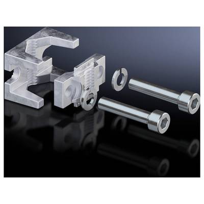 Two screws with washers, alongside a two-part metal tool with threading, on a glossy black background.
