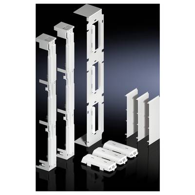 'A technical housing system with multiple white components, including vertical mounting brackets and covers, on a black background.'