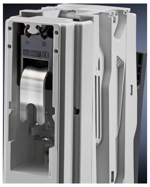 Industrial component with a grey housing, revealing internal mechanical parts, including a metallic element. Primarily functional.